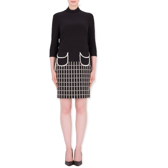 JOSEPH Ribkoff Cold Shoulder Geometric Check Black White Sheath Mini Dress, 8 - Picture 1 of 9